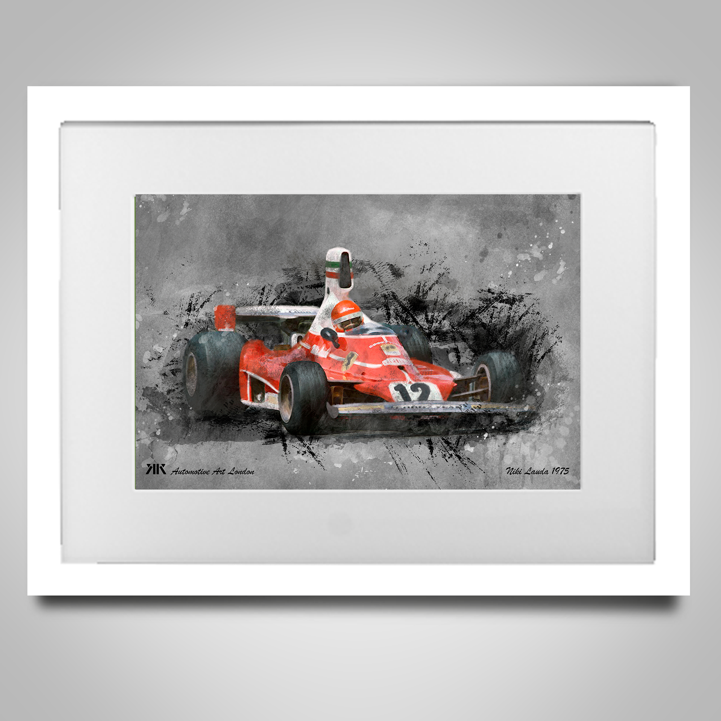 Niki Lauda Ferrari 1975 Classic F1 Car Print in frame